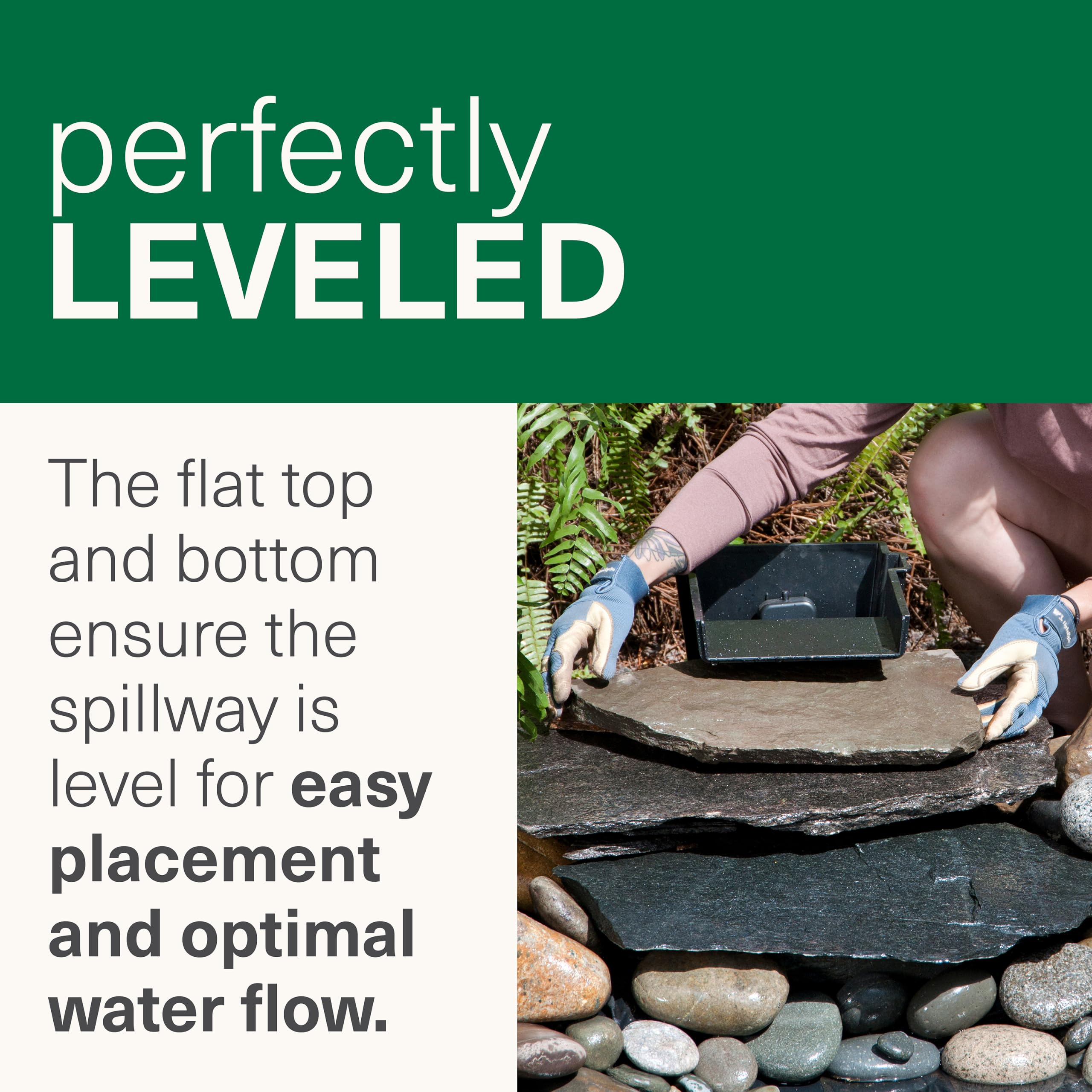 Smartpond spillway in landscaped pond setting showing natural-looking waterfall benefit