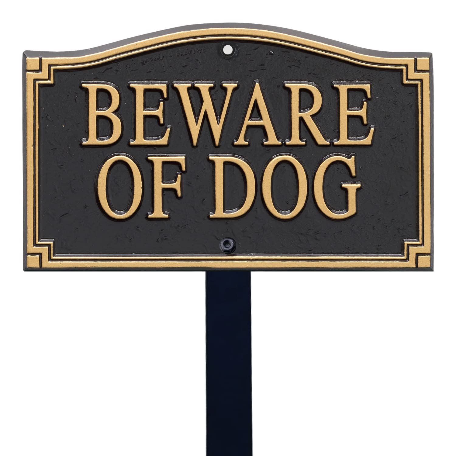 SmartSign front view showing gold and black designer beware of dog plaque benefit: immediate property notice