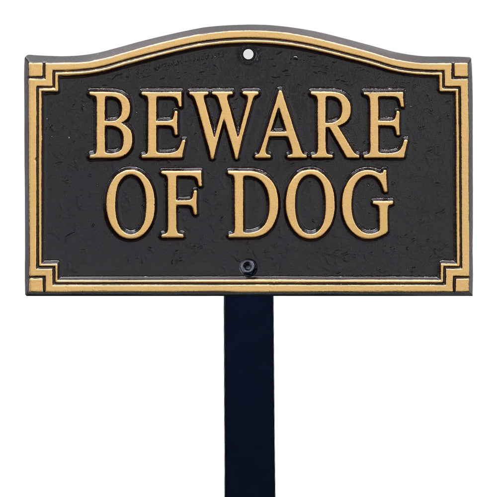 SmartSign front view showing gold and black designer beware of dog plaque benefit: immediate property notice