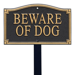 SmartSign front view showing gold and black designer beware of dog plaque benefit: immediate property notice