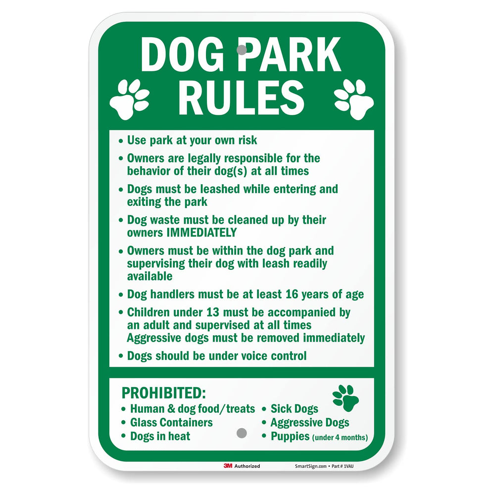 SmartSign front view of green and white dog park rules sign, clear rule communication