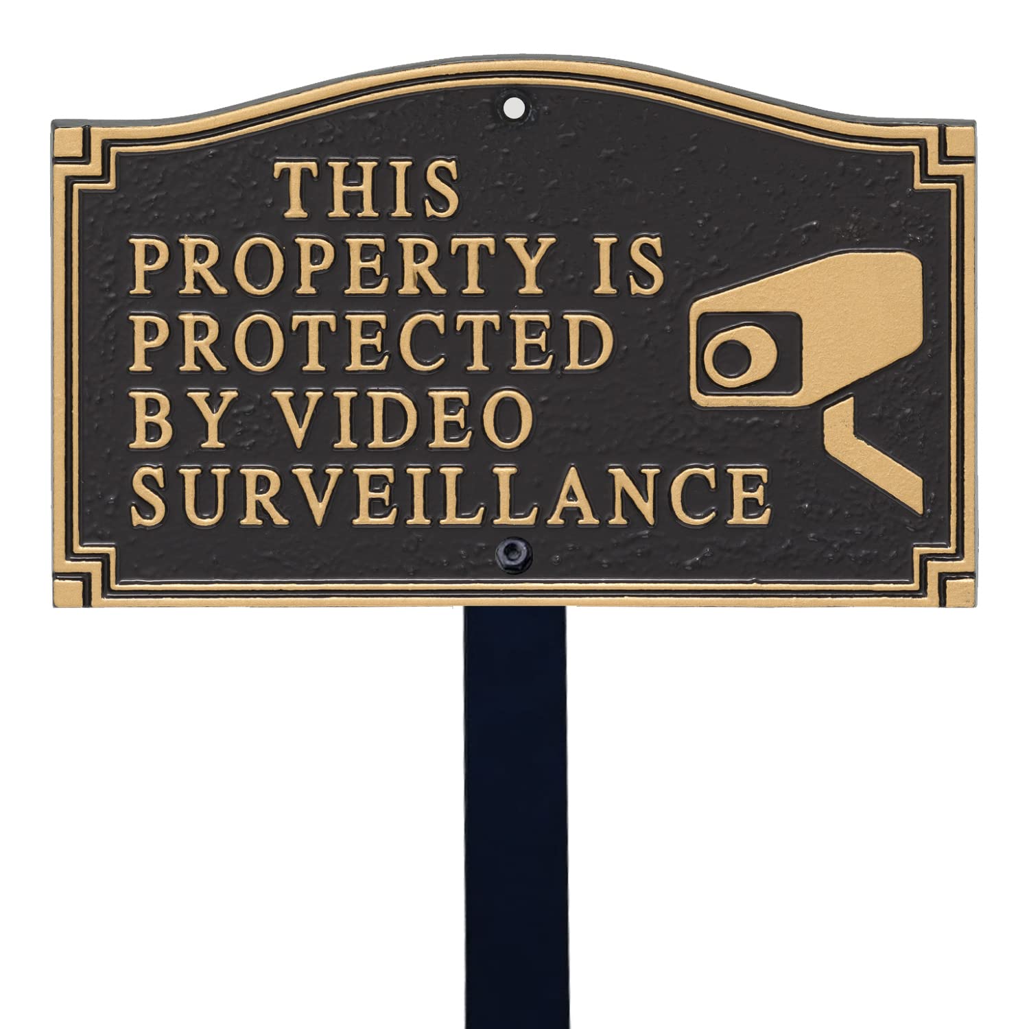 SmartSign front view of black and gold plaque showing clear surveillance message