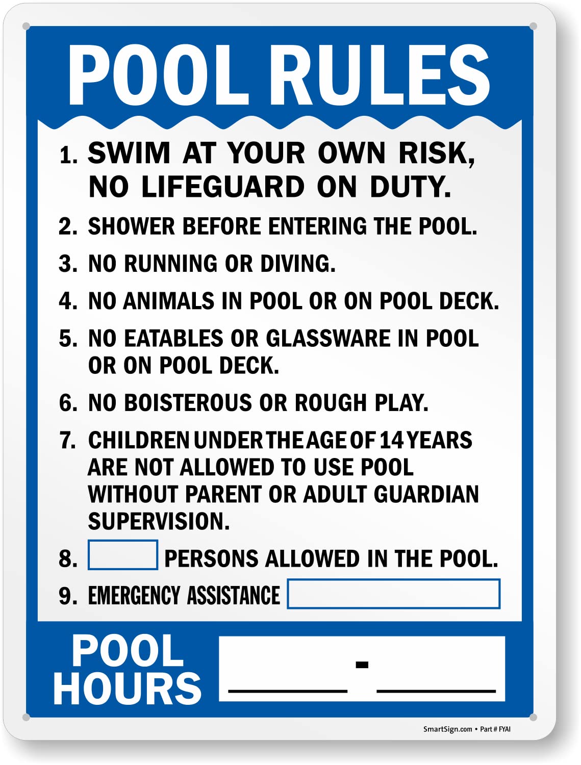 SmartSign front view of pool rules sign showing clear lettering and color contrast for quick reading