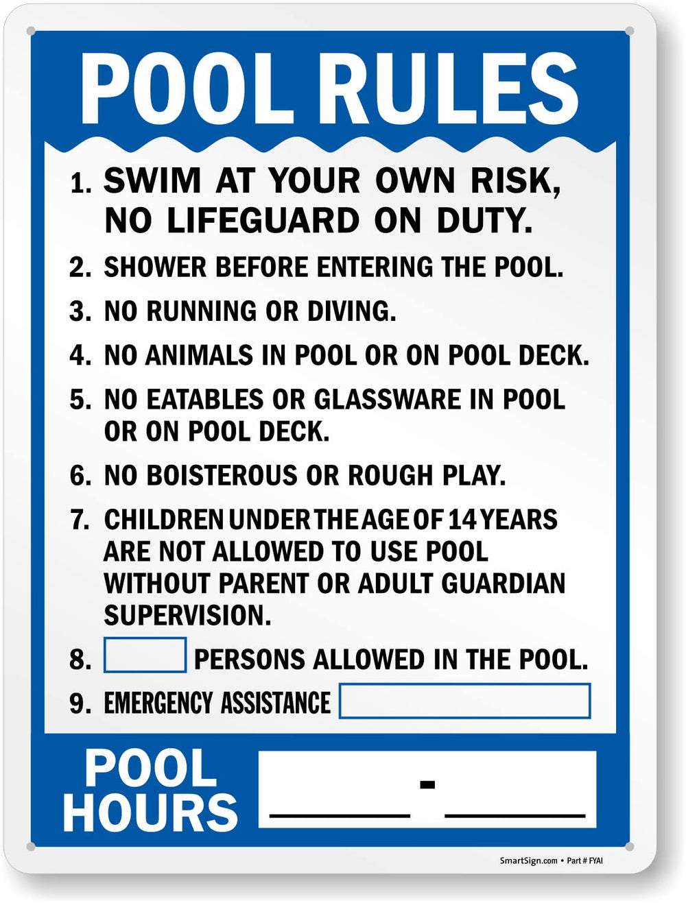 SmartSign front view of pool rules sign showing clear lettering and color contrast for quick reading