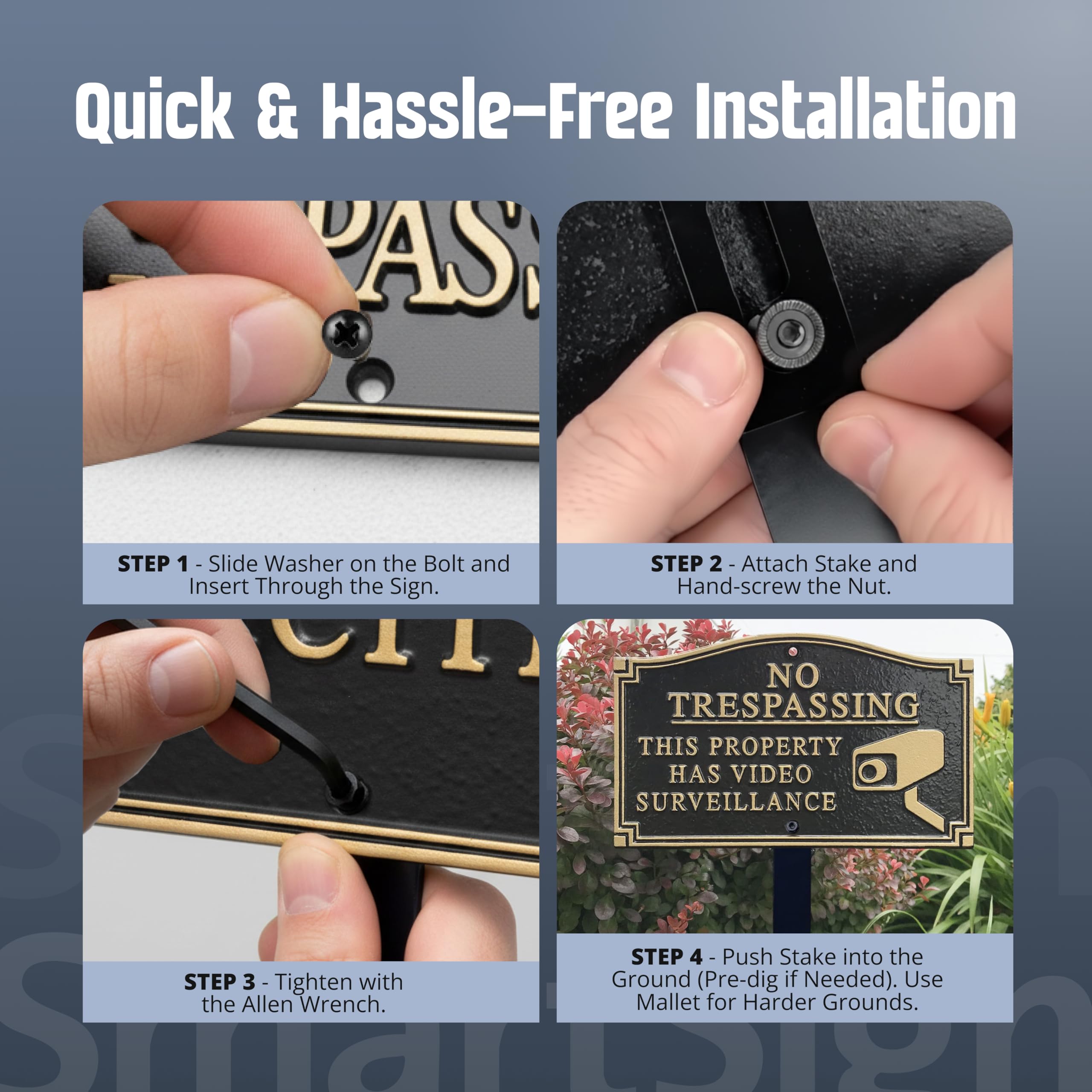 SmartSign mounted on wall highlighting predrilled holes and versatile mounting benefit