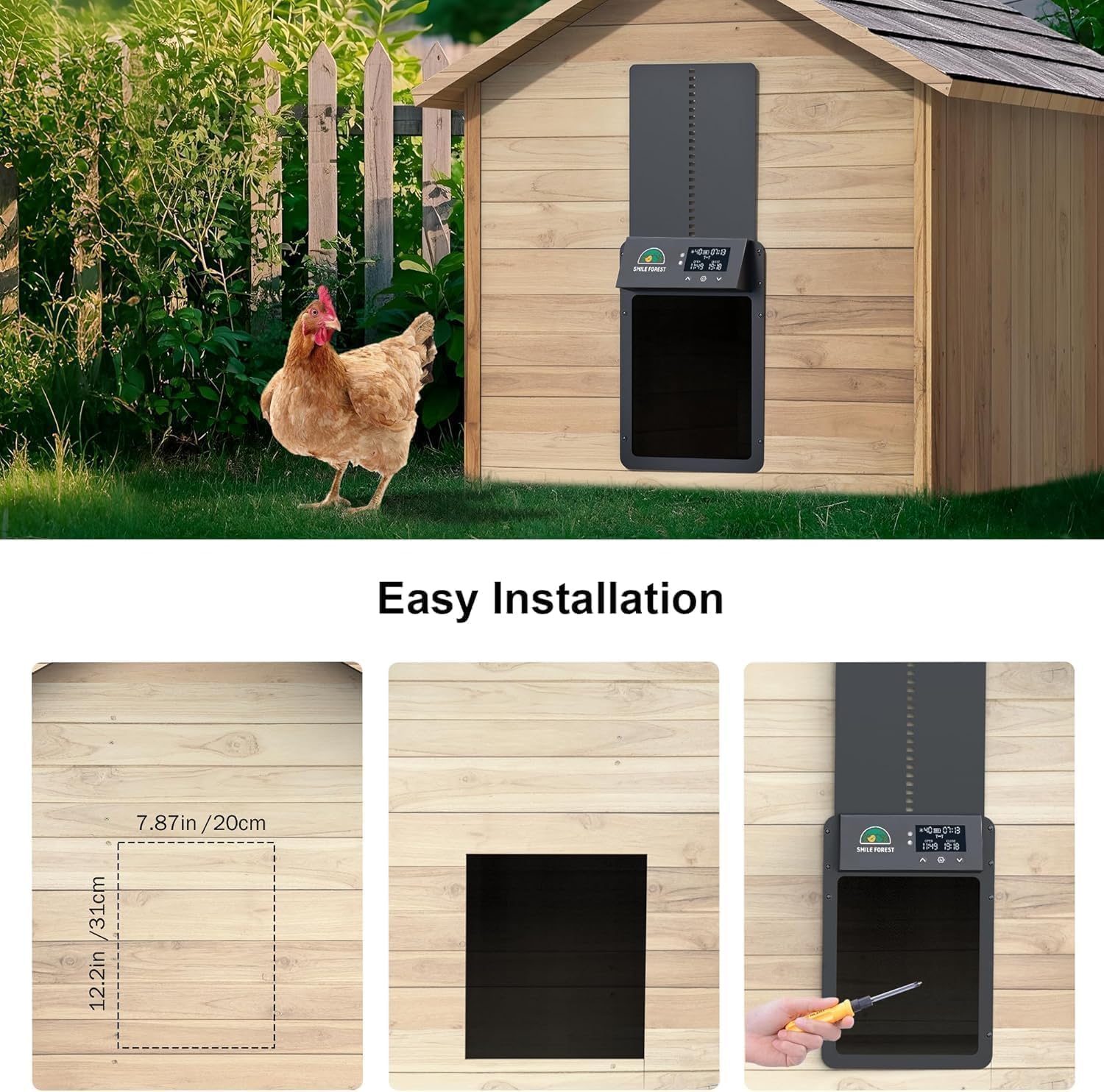 SMILE FOREST lifestyle backyard coop scene demonstrating hands-free convenience