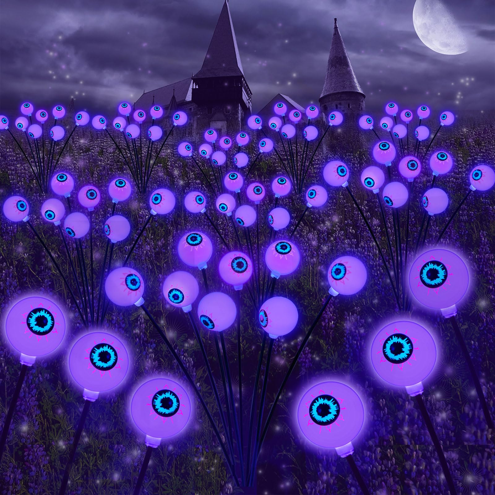 SmilingTown front view of purple eyeball stake showing spooky glow and yard benefit