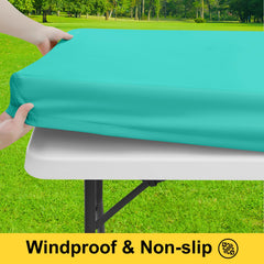 Smiry bench covers close-up showing snug fit and easy cleanup benefit