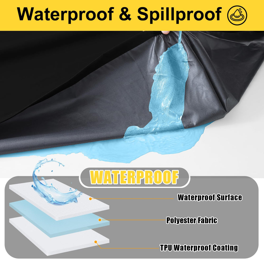 Smiry elastic hem fitted around a 96-inch table keeping cover secure in wind
