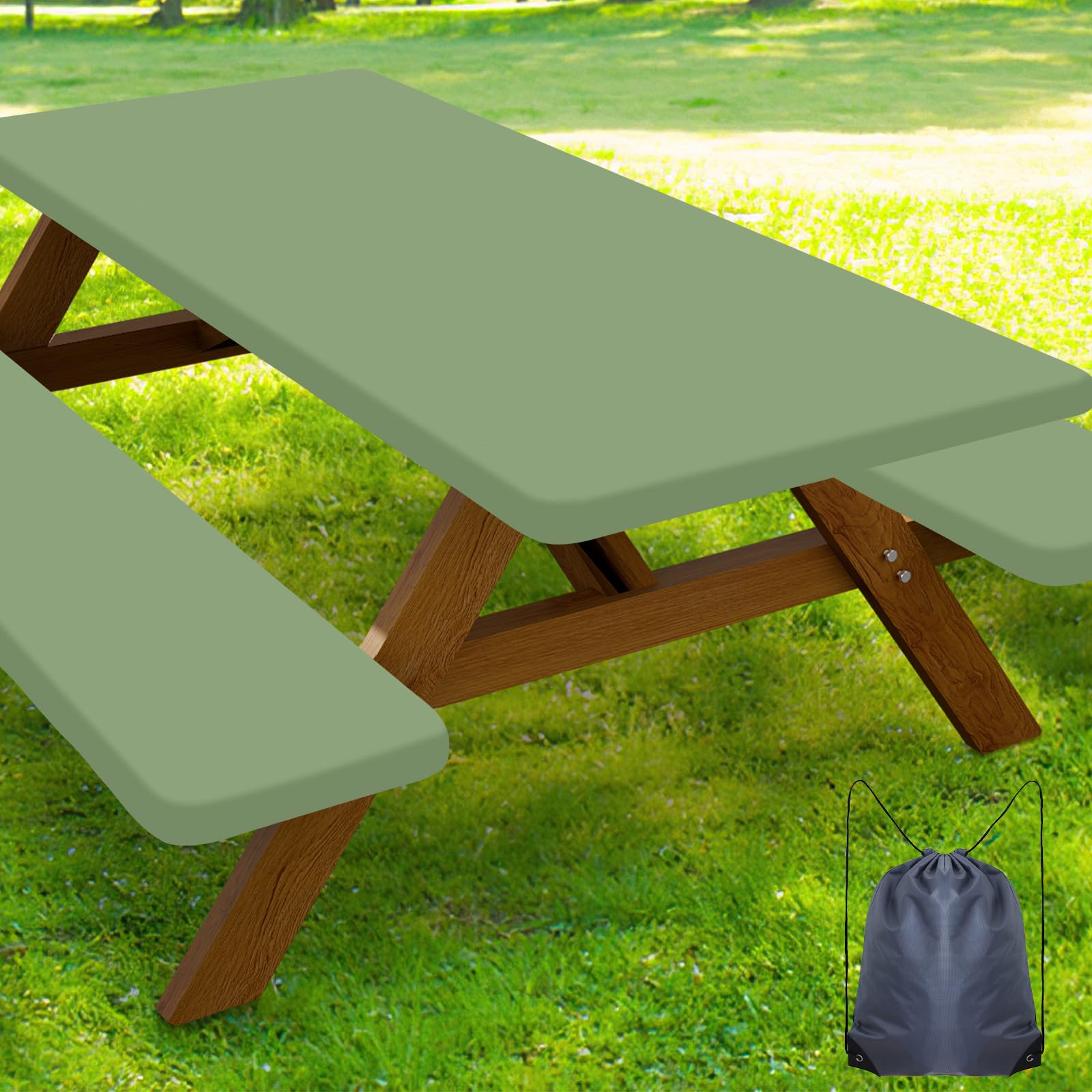 Smiry front view of sage green fitted table cover showing neat fit and protection