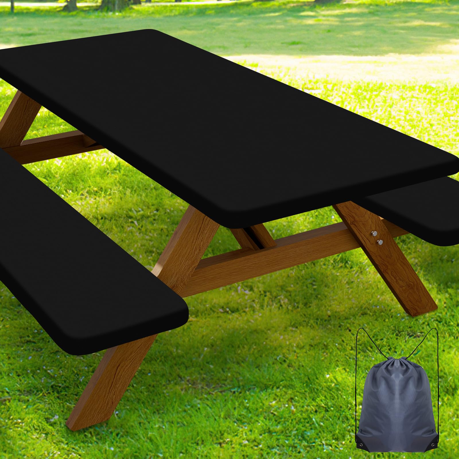 Smiry front view of folded table and bench covers showing neat packaging and portability