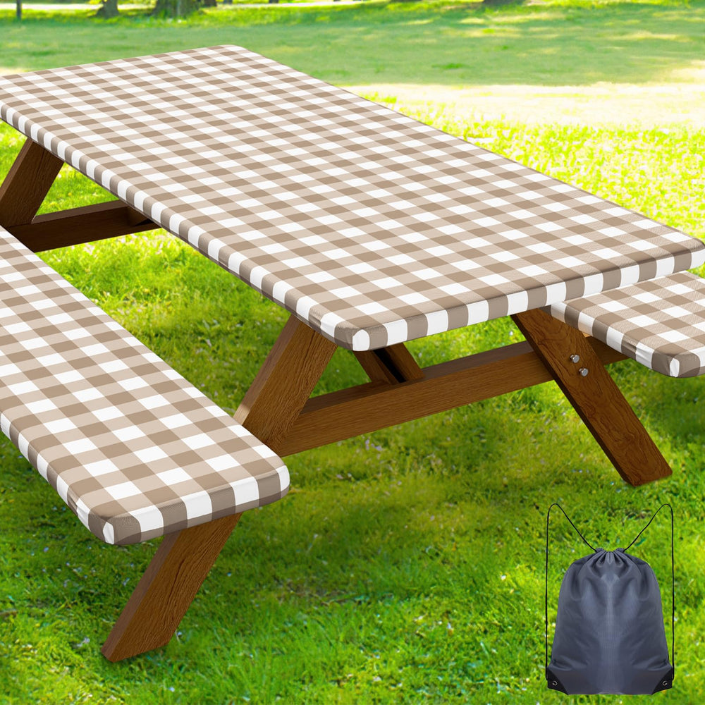 Smiry front view showing fitted table and bench covers, protects surfaces