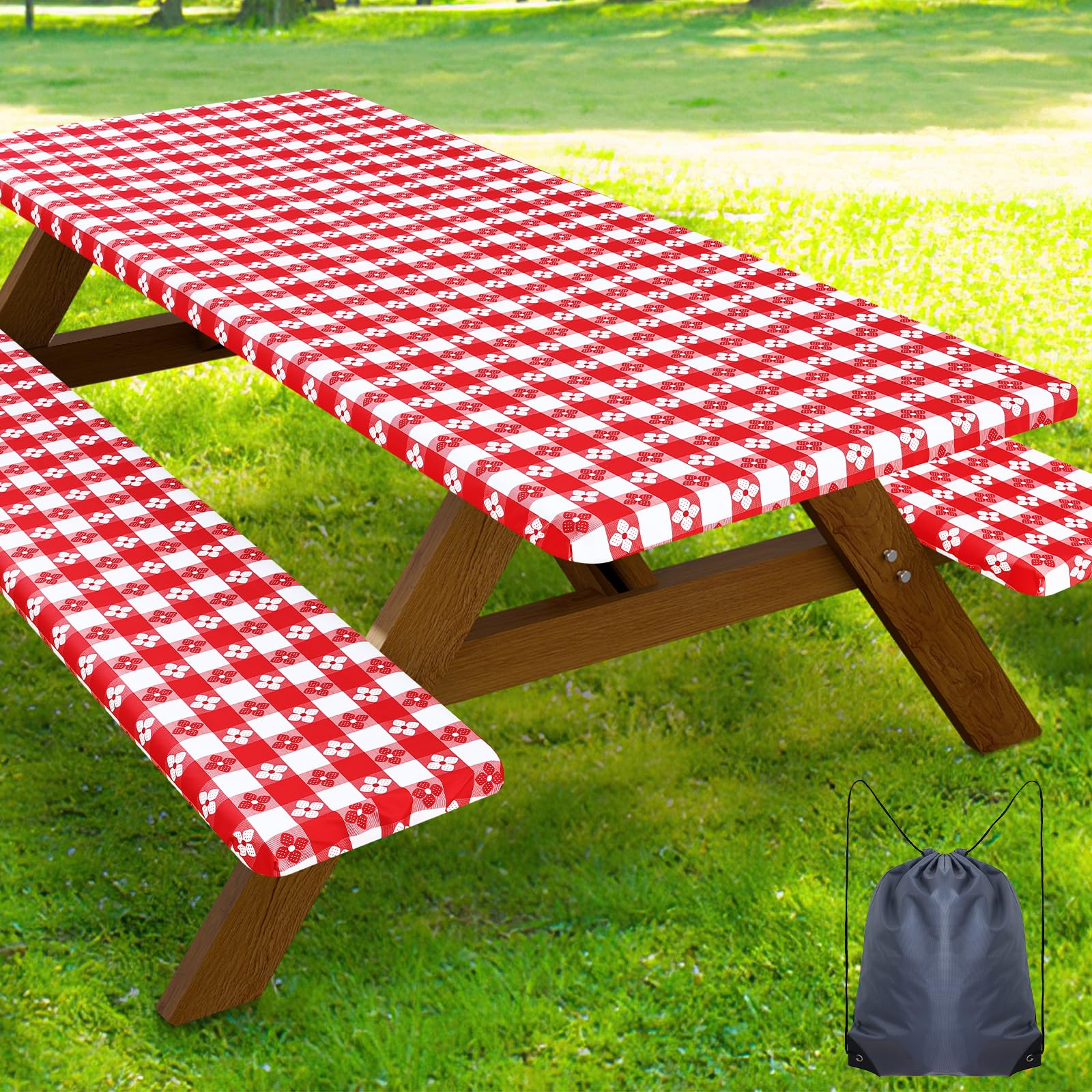 Smiry front view of full table and two bench covers showing clean fit
