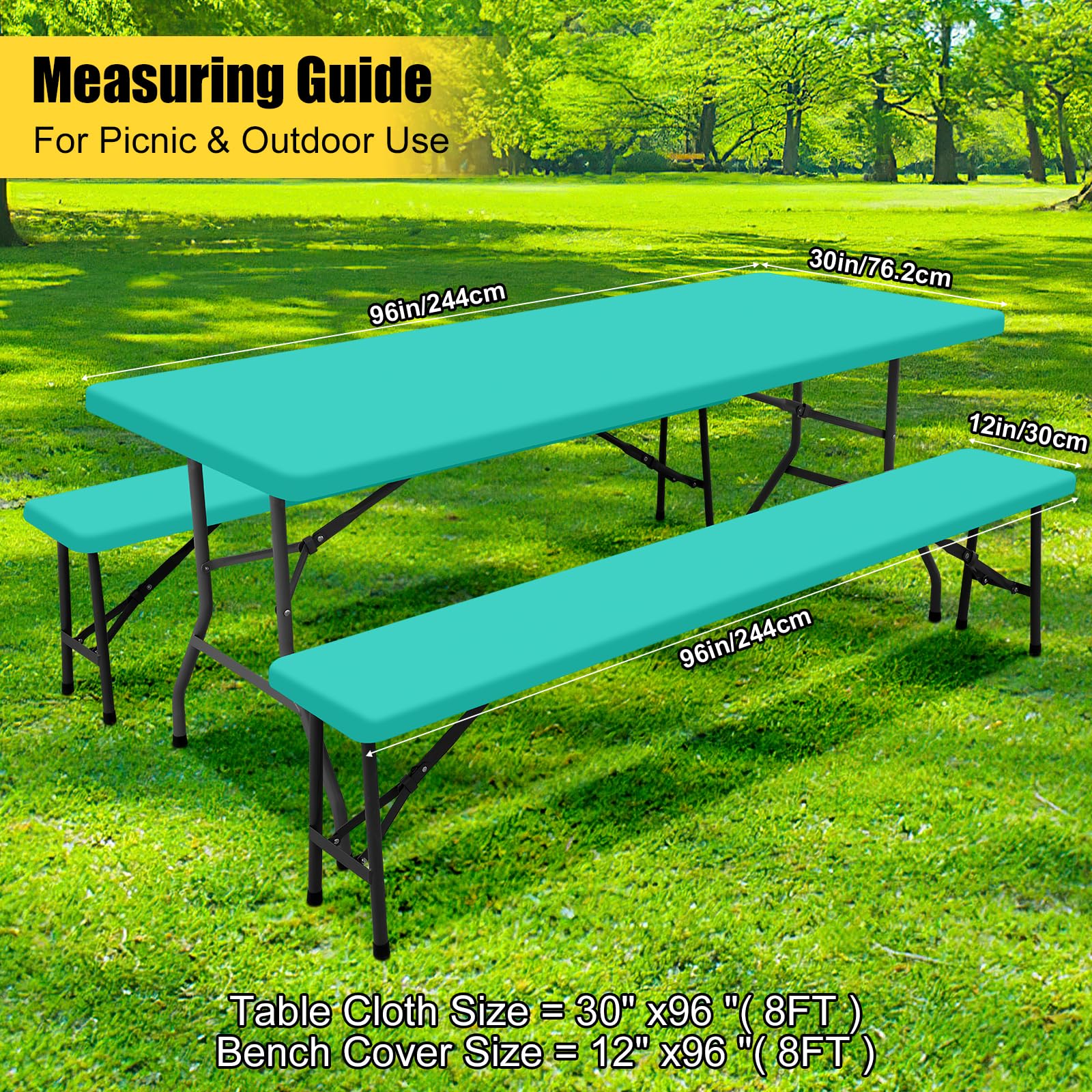 Smiry size comparison with ruler showing 30x96 inch fit for 8 ft tables