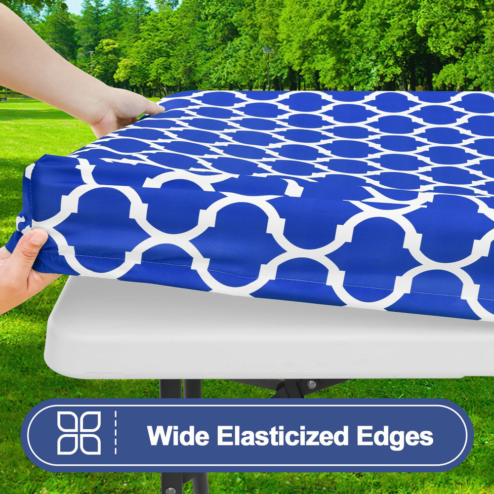 Smiry table cover front view highlighting fitted elastic edge for stability