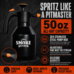Smoke Kitchen nozzle and stainless steel pump close-up showing durable seals and adjustable spray control