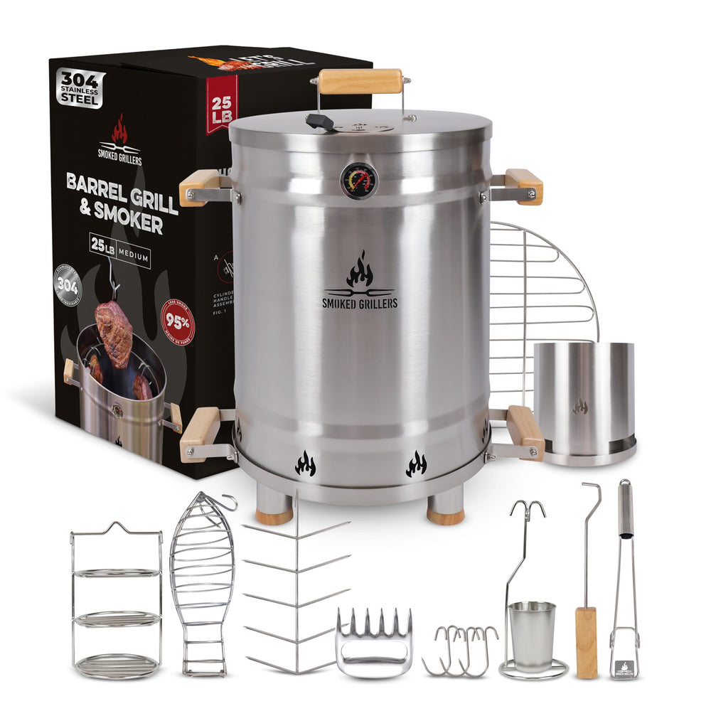 Smoked Grillers front packaging showing complete barrel smoker kit and accessories for quick start