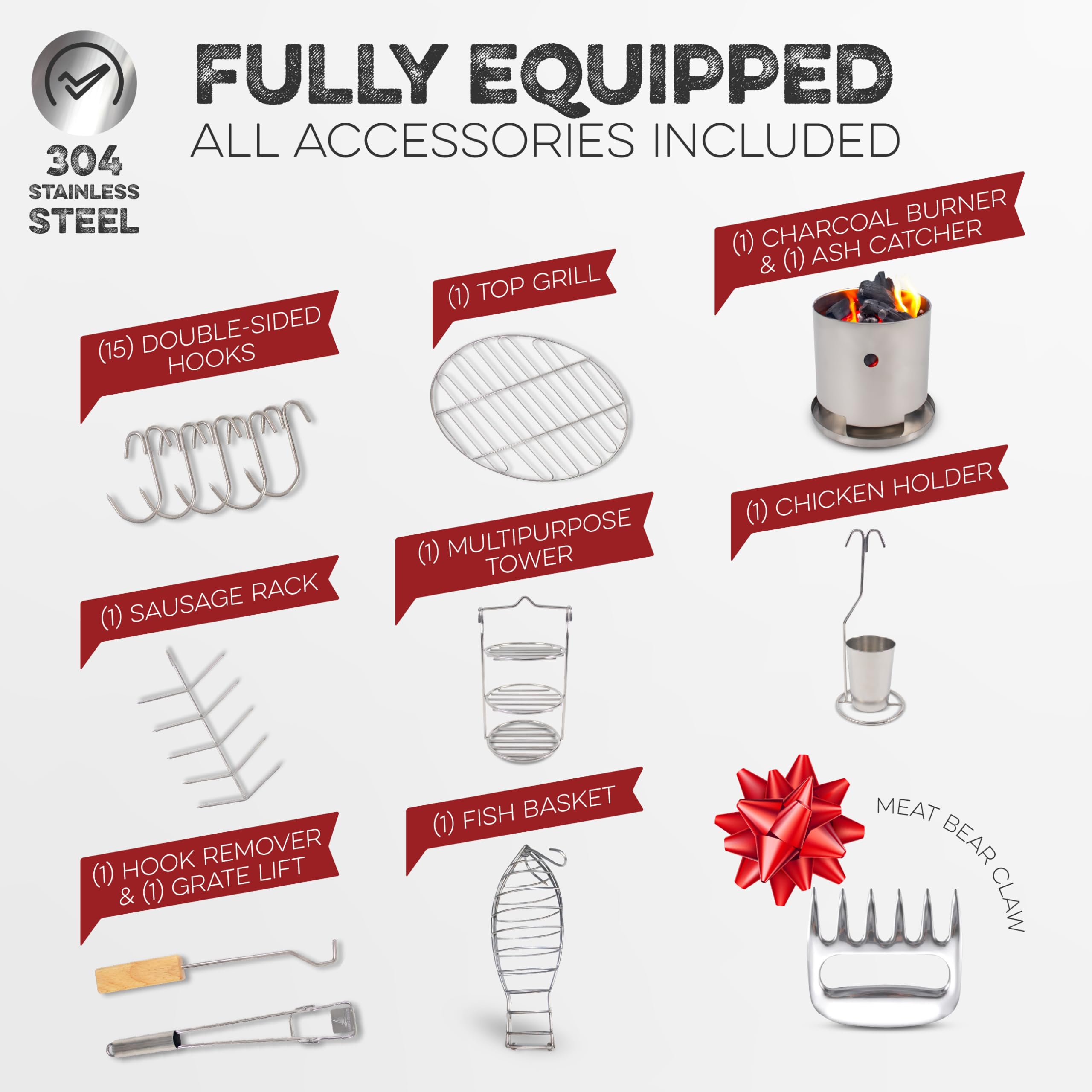 Smoked Grillers array of hooks and holders displayed highlighting versatile cooking options
