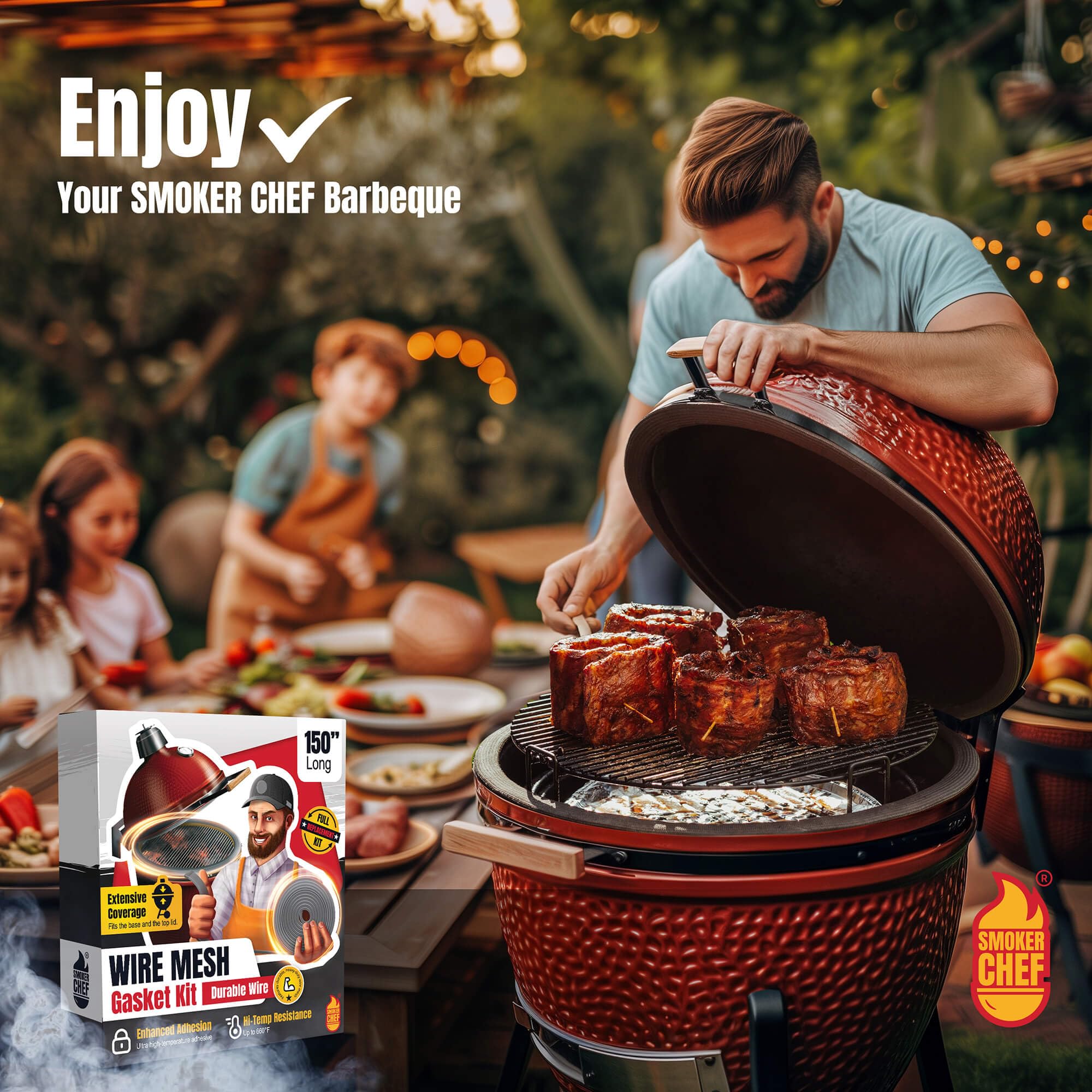 Smoker Chef gasket on a backyard kamado grill improving smoke retention