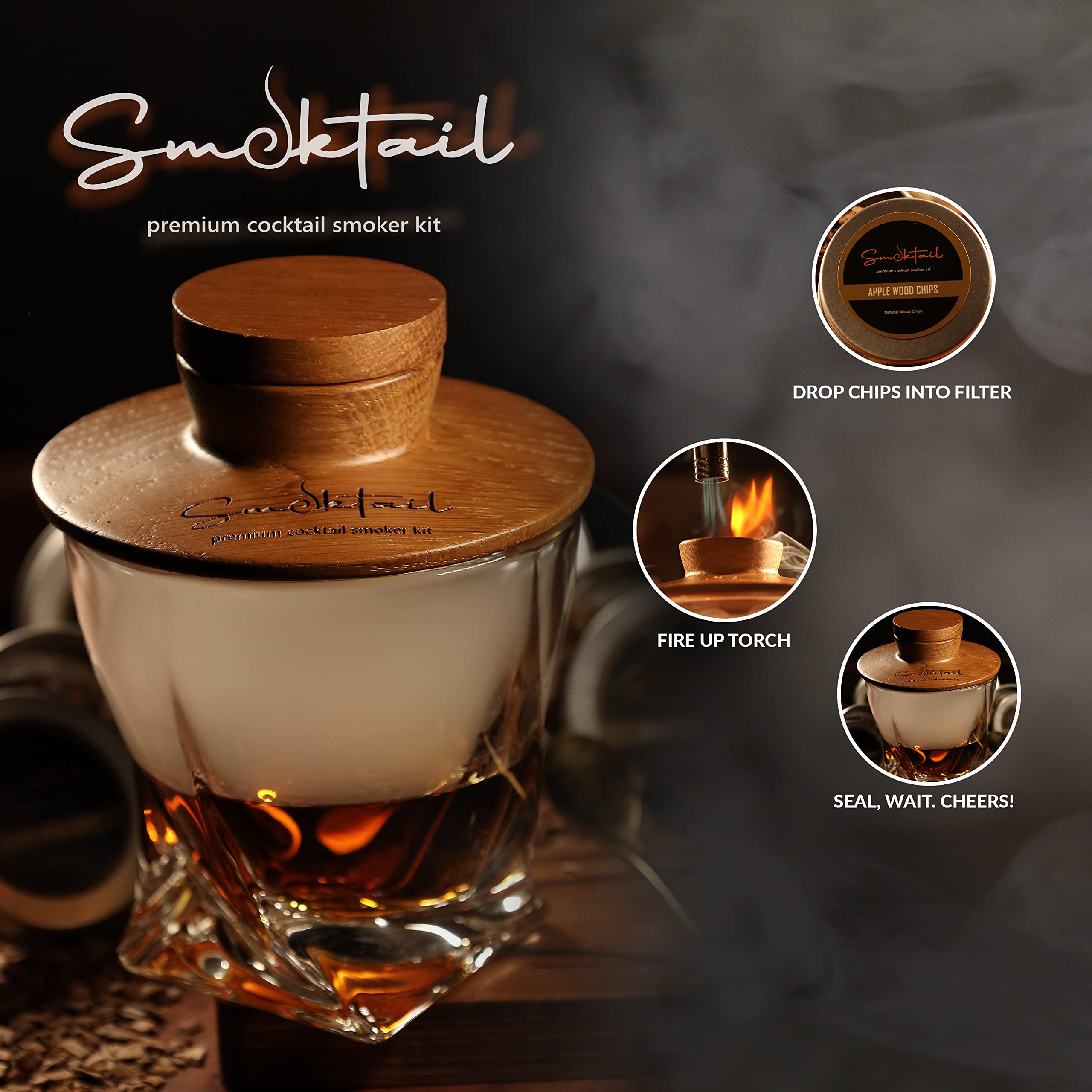 Smoktail kit staged on bar cart demonstrating portable cocktail presentation