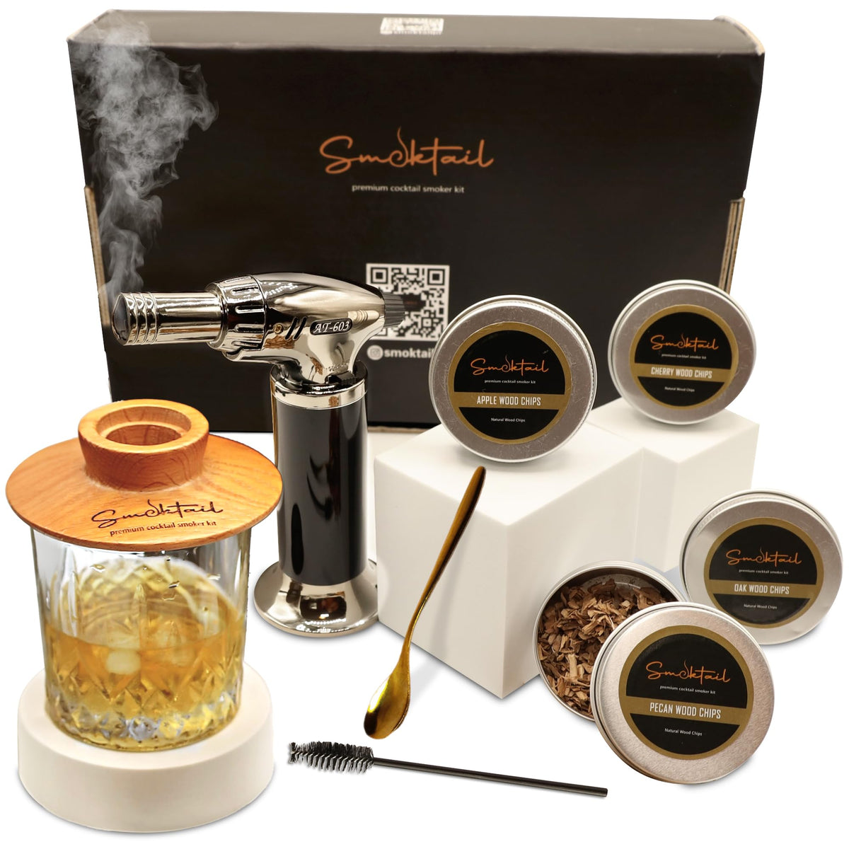 Smoktail packaging front view showing kit components and premium presentation benefit