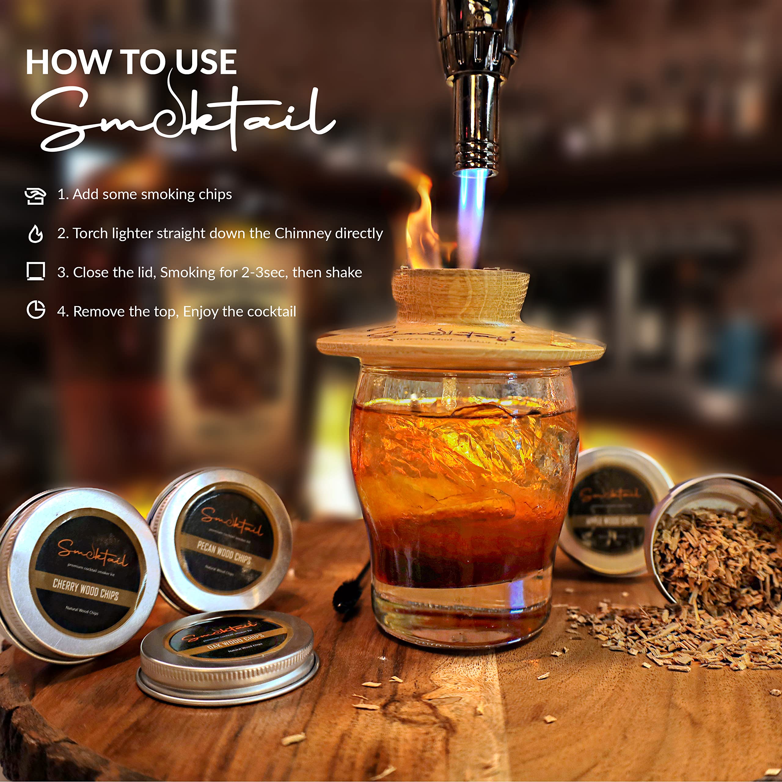 Smoktail smoker dome in use creating concentrated smoke to enhance cocktails