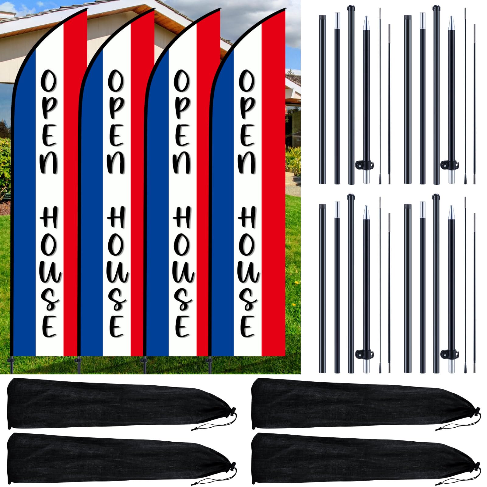 SmoothNovelty front view of feather flag showing bold open house message and visibility
