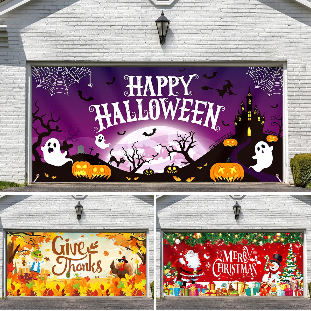 SmoothNovelty front view of three holiday garage door banners showing designs and colors