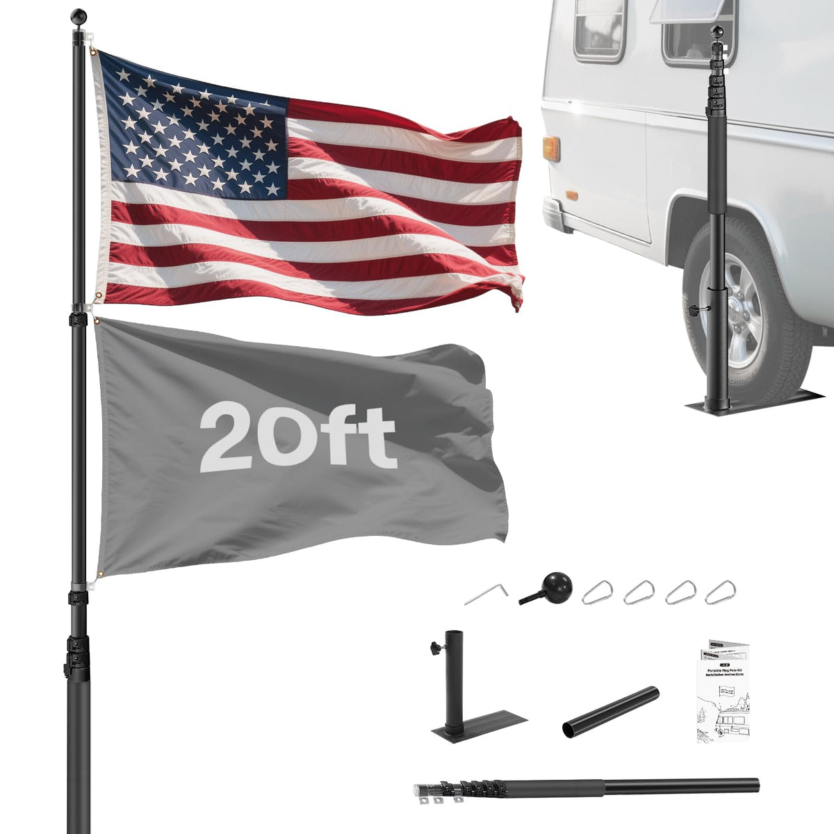 SMOQIO flag pole kit front packaging and included components for easy setup