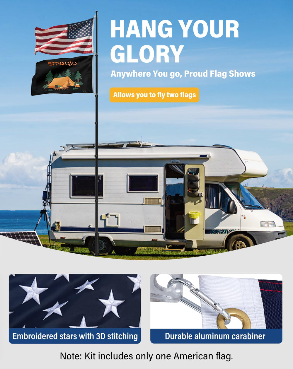 SMOQIO flag pole in campsite scene demonstrating visible display and outdoor pride