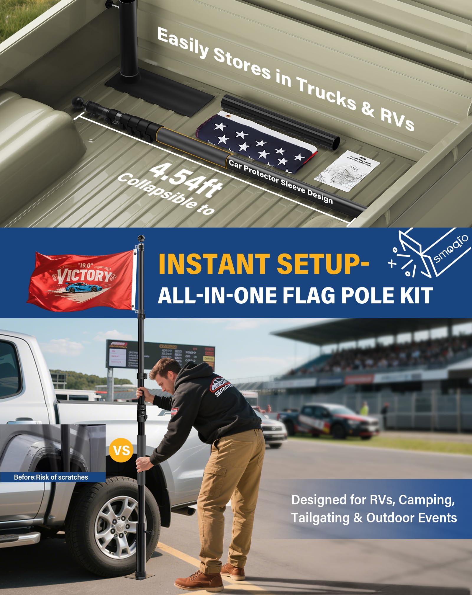 SMOQIO telescoping pole fully extended showing snap-locks for fast height control