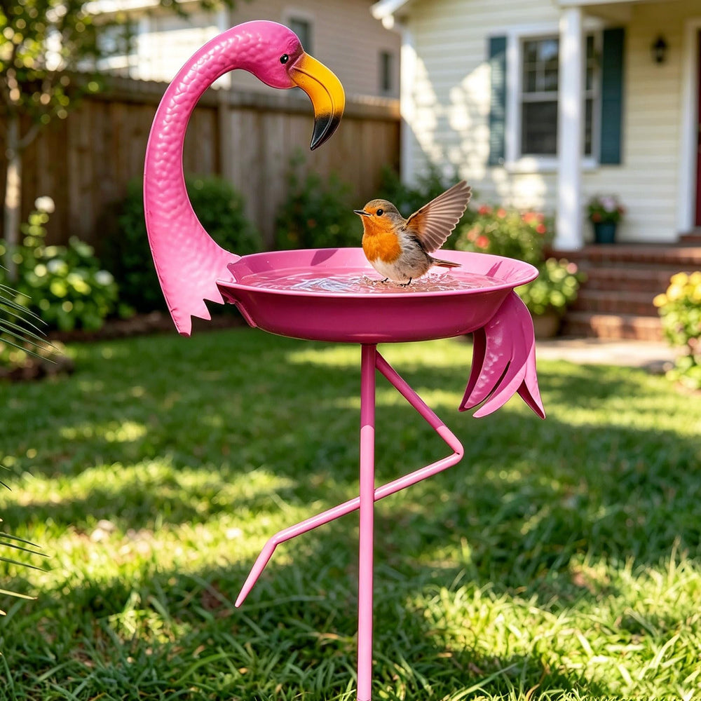 SMQLJXC flamingo front view showing decorative bird bath and feeder benefit: garden focal point
