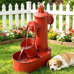 SMQLJXC front view of metal solar fountain showing vintage fire hydrant shape and flowing water for curb appeal