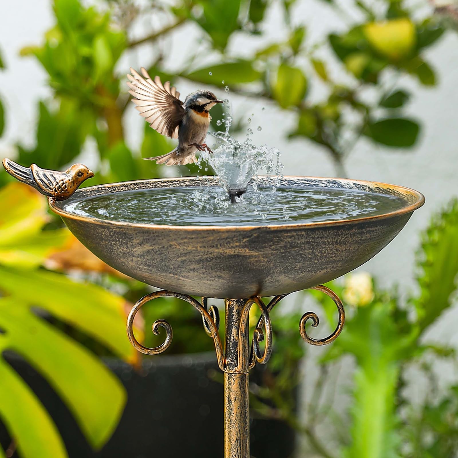SMQLJXC bird bath next to chair showing scale and visible garden placement