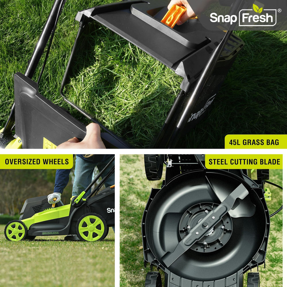 SnapFresh with 45L grass bag attached, illustrating reduced emptying frequency