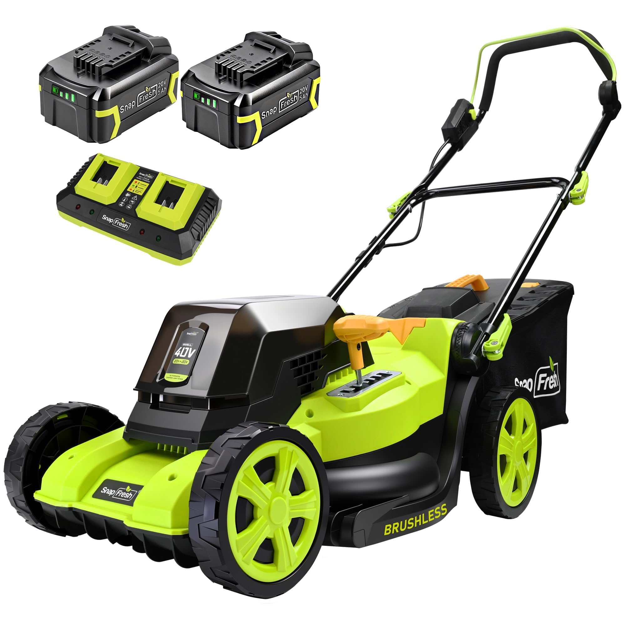 SnapFresh front view showing mower and deck, highlights clean design and quick setup