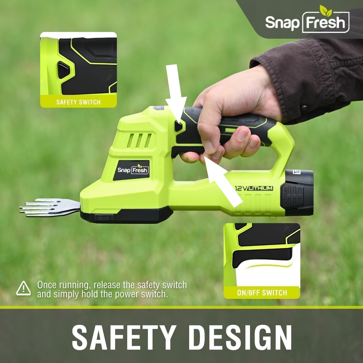 SnapFresh handle showing TPR non-slip grip and dual safety switches for control