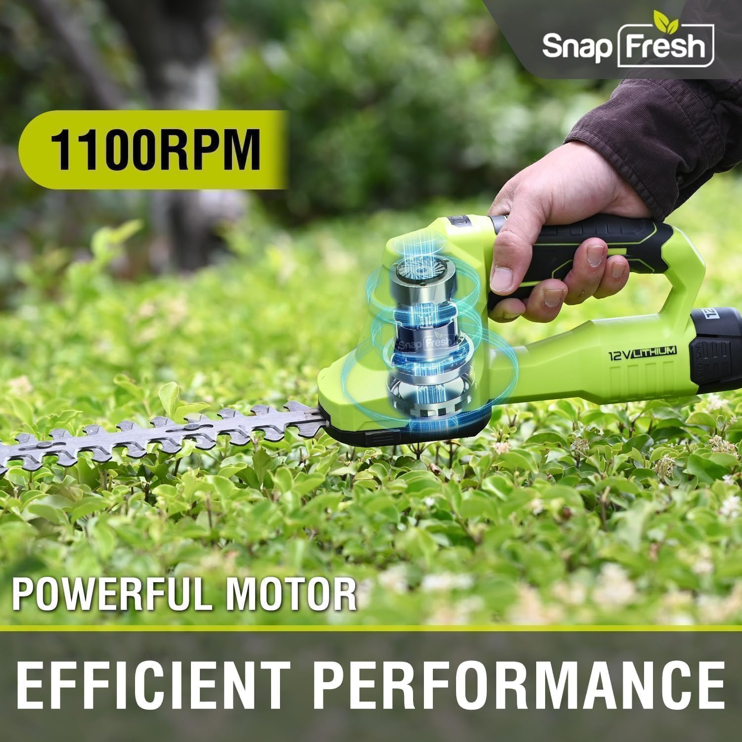 SnapFresh hedge trimmer cutting small branches for neat shrub shaping