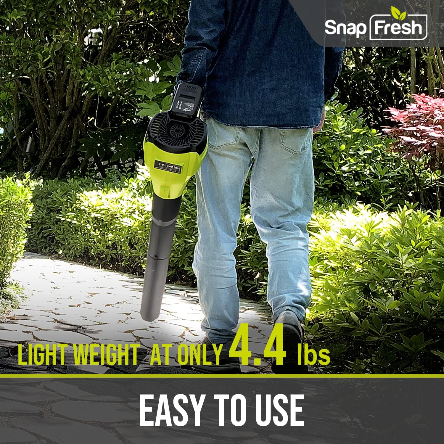 SnapFresh blower in use clearing leaves from a driveway, faster cleanup