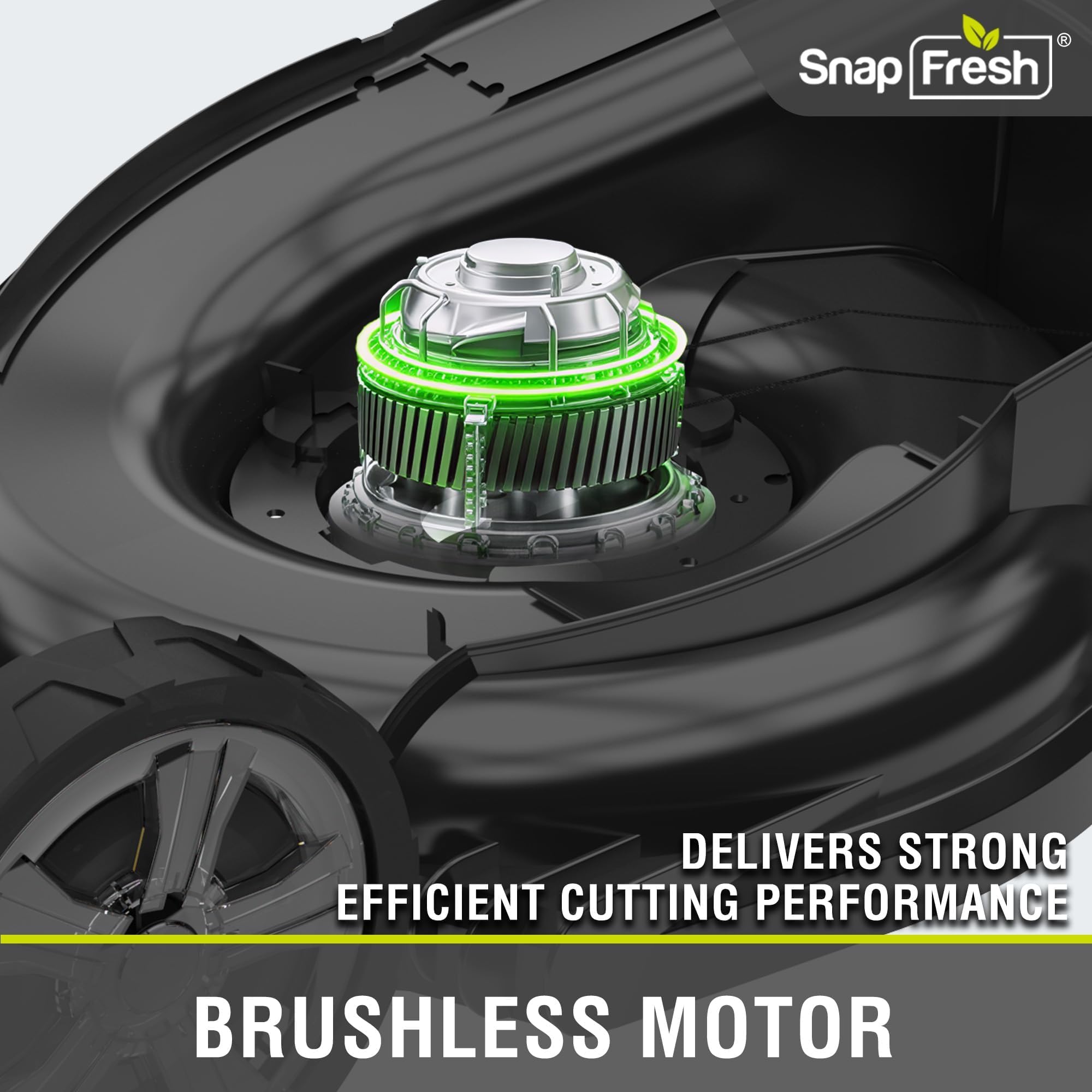 SnapFresh mower in use cutting a lawn, showing cordless freedom and low noise