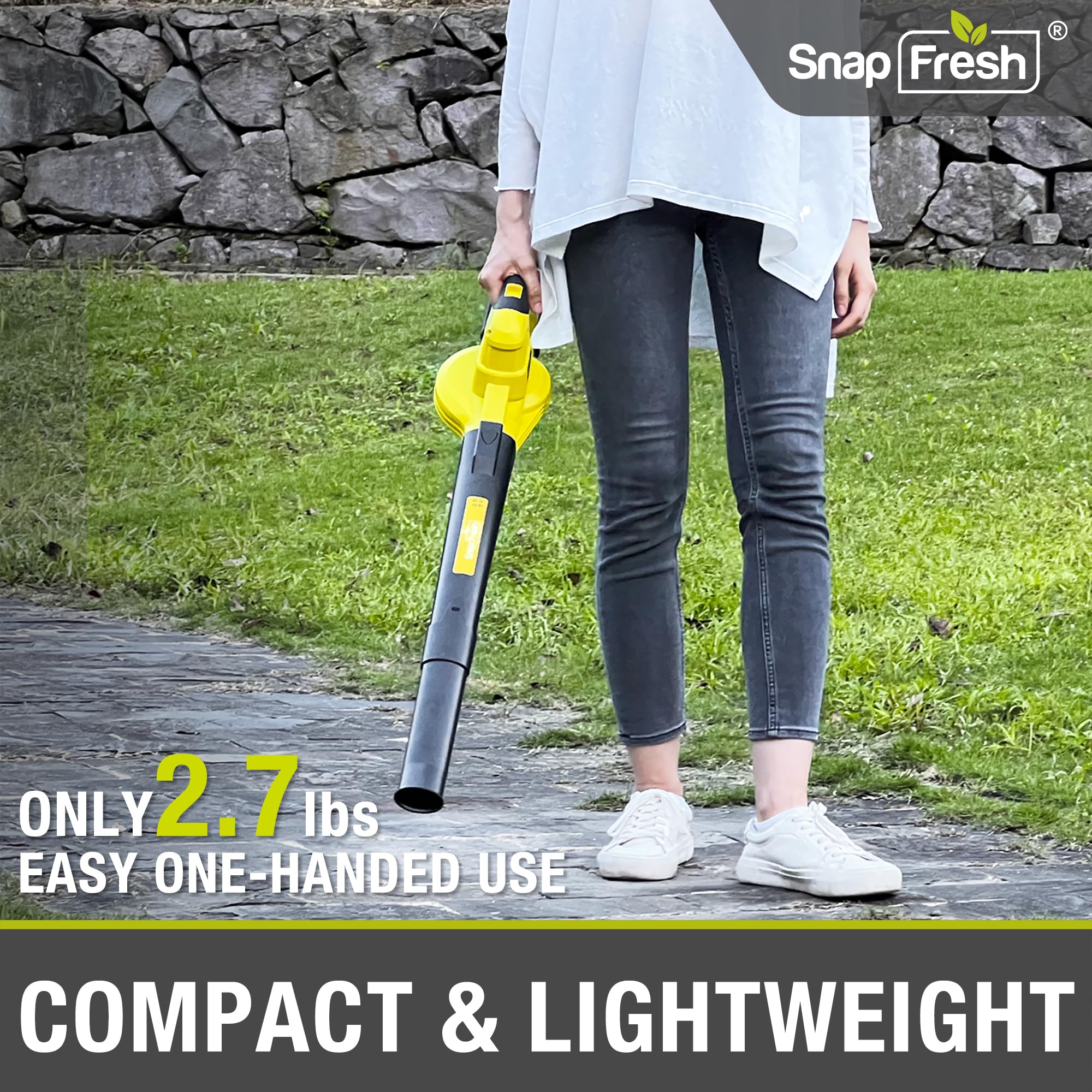 SnapFresh in use clearing a driveway, demonstrating fast leaf and debris removal