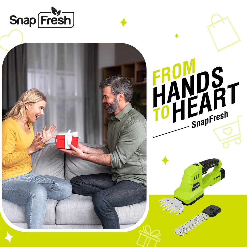 SnapFresh lifestyle shot in garden illustrating easy cordless yard maintenance