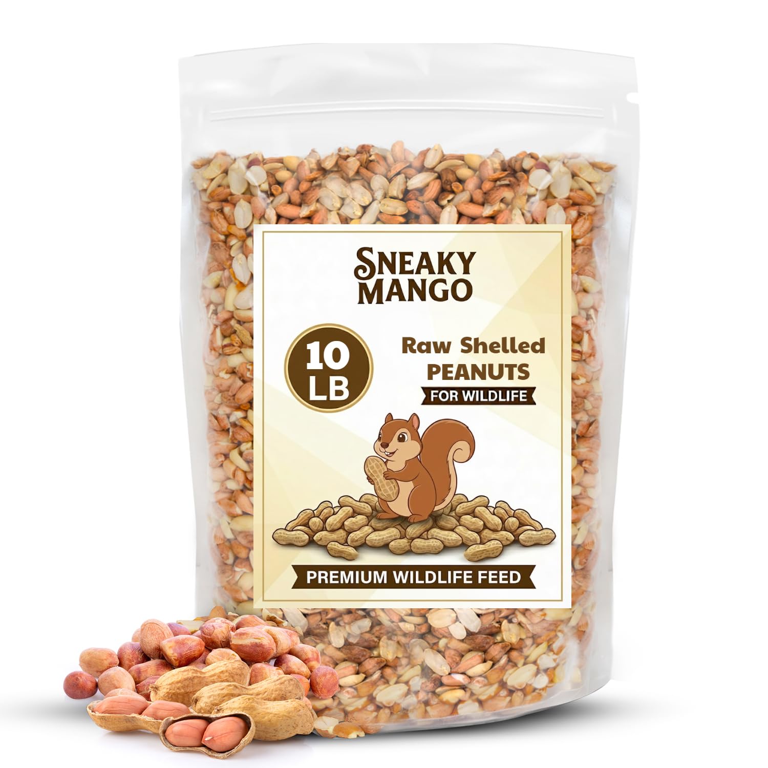 Sneaky Mango front packaging showing 10 lb bag and wildlife label, attracts birds