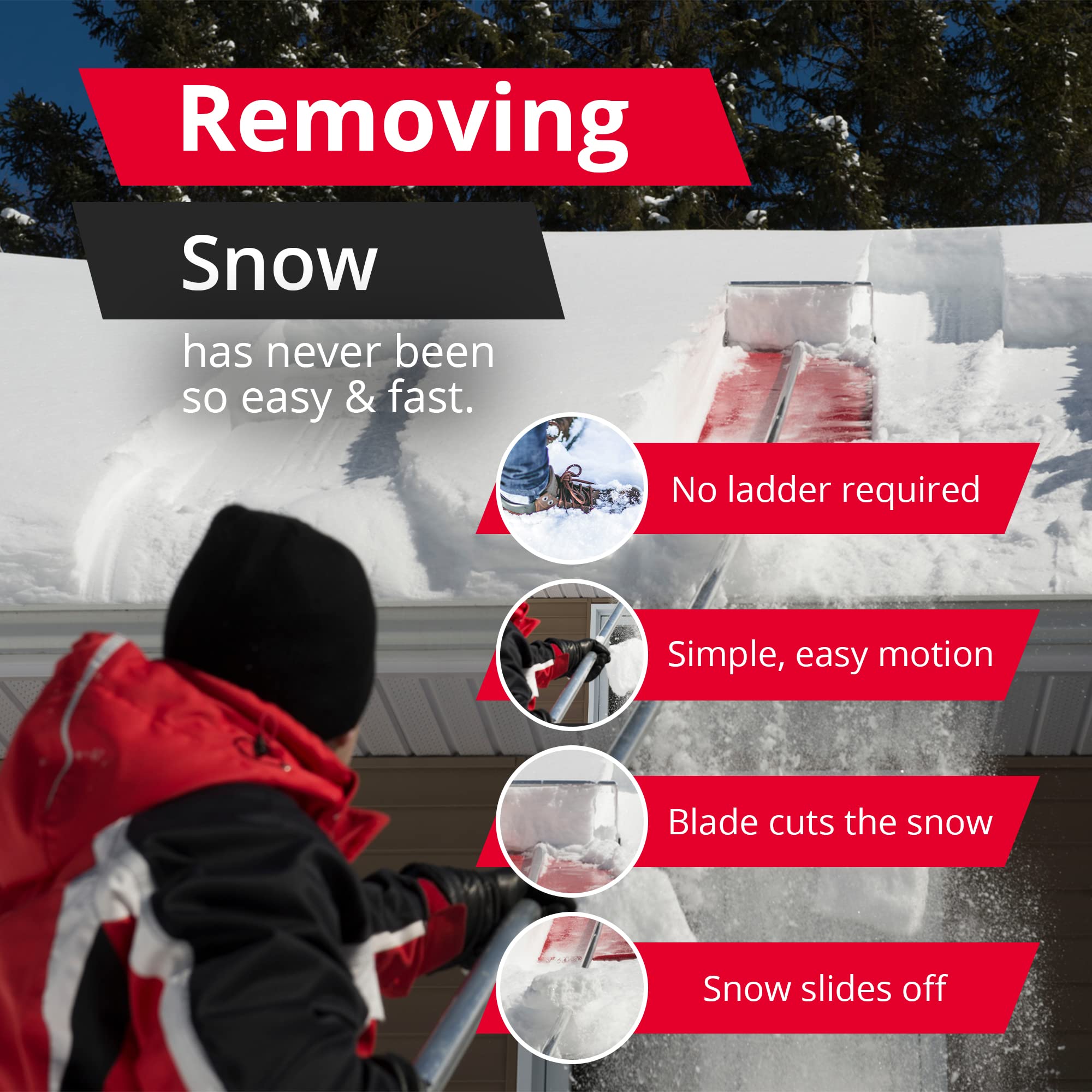 SNOWPEELER in use from ground level clearing snow off a house roof safely