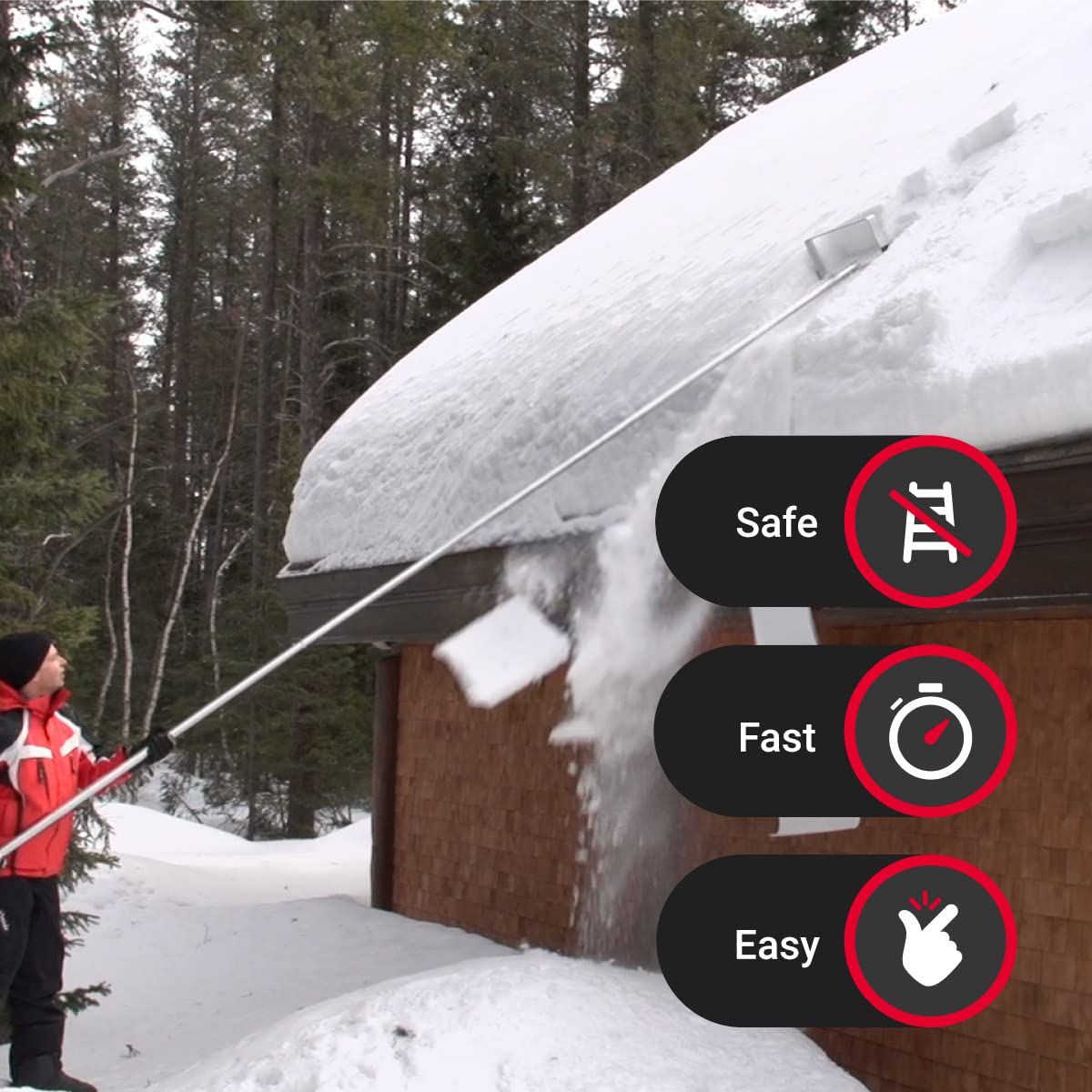 SNOWPEELER size comparison with person to show reach and ergonomic handling benefit