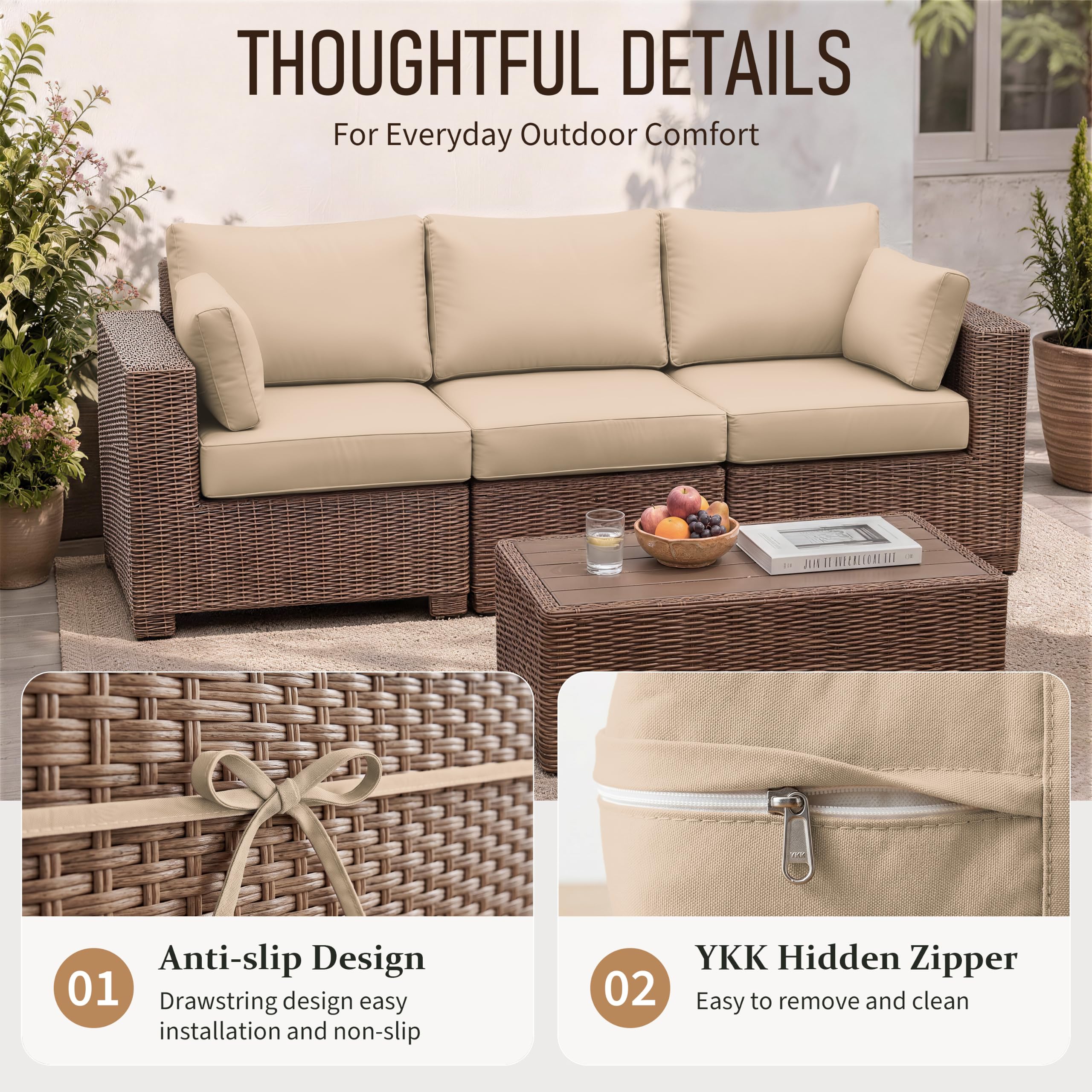 Snubbull covers fitted on a 3-seat rattan sofa demonstrating secure, neat appearance