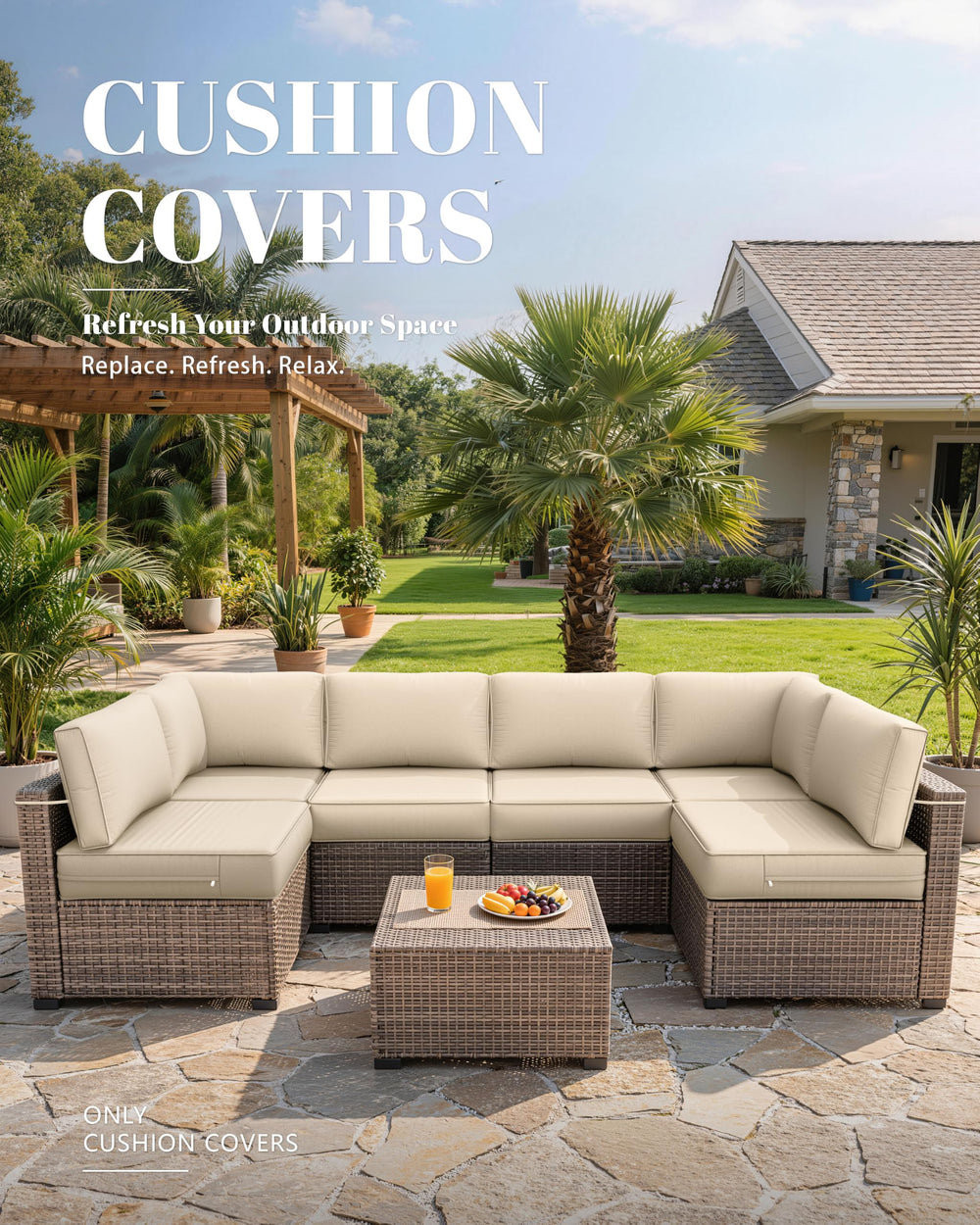 Snubbull lifestyle shot with covers on patio set illustrating refreshed outdoor space