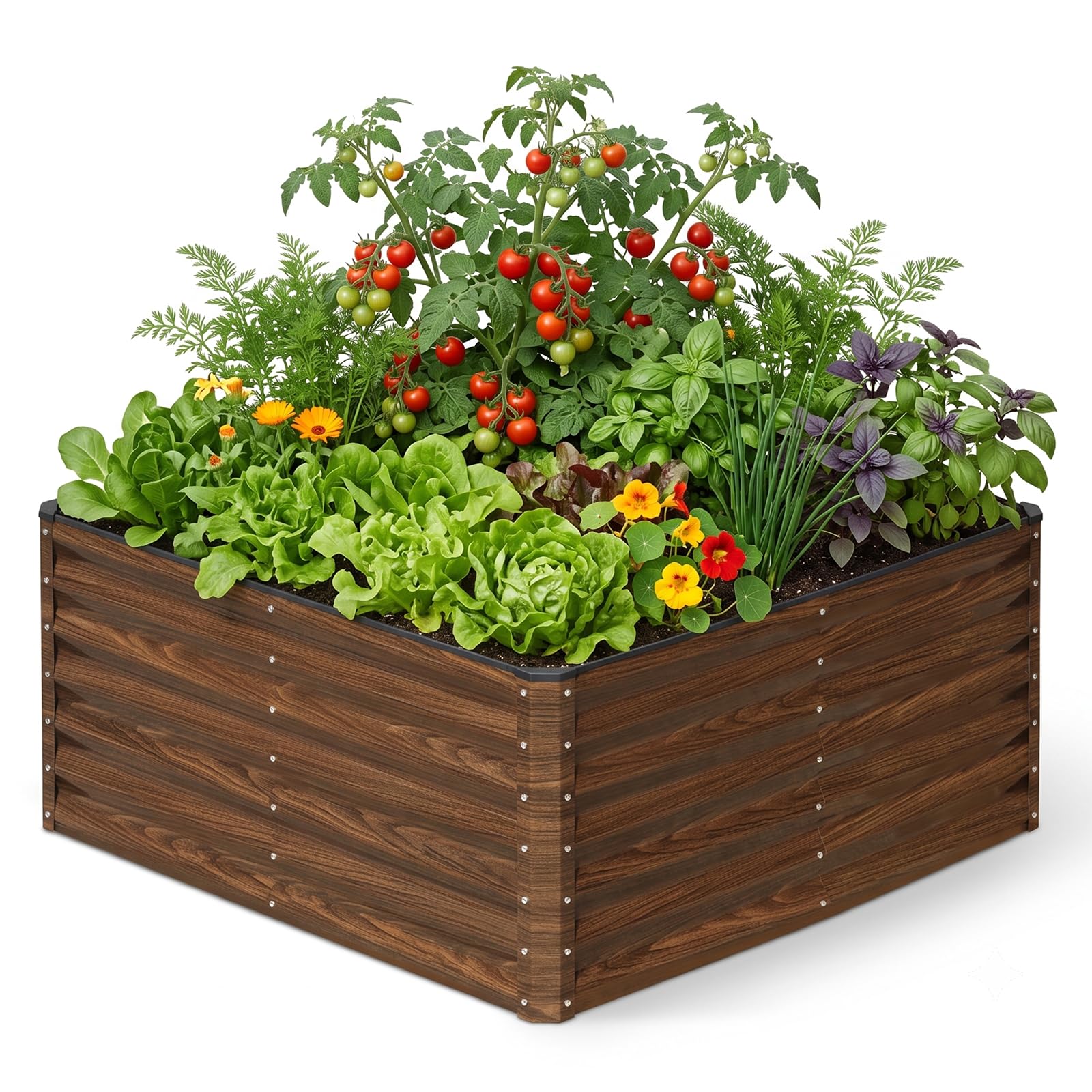 SnugNiture front view showing full assembled raised garden bed and planting depth benefits