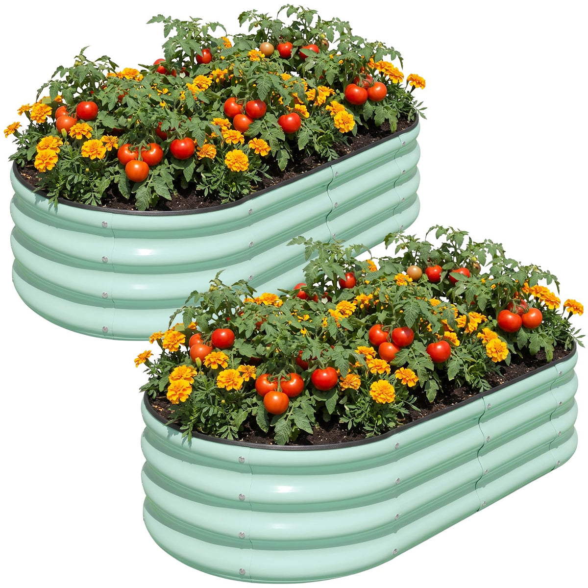 SnugNiture front view of two raised beds showing sturdy galvanized finish and storage benefit