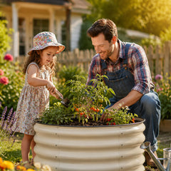 SnugNiture planter on patio with vegetables demonstrating compact productive gardening